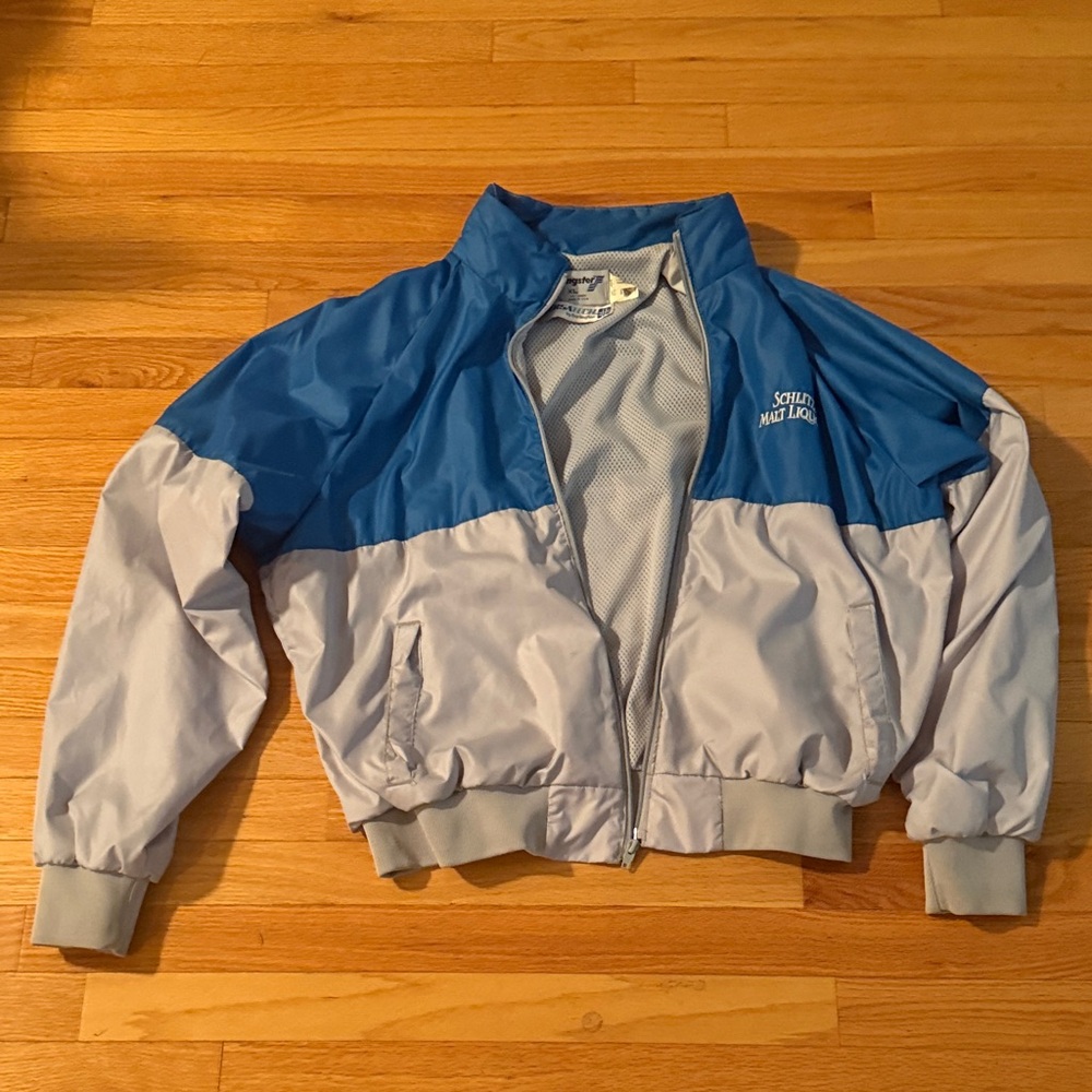 Vintage swingster Blue and Gray Windbreaker Jacket with Schlitz malt liquor logo